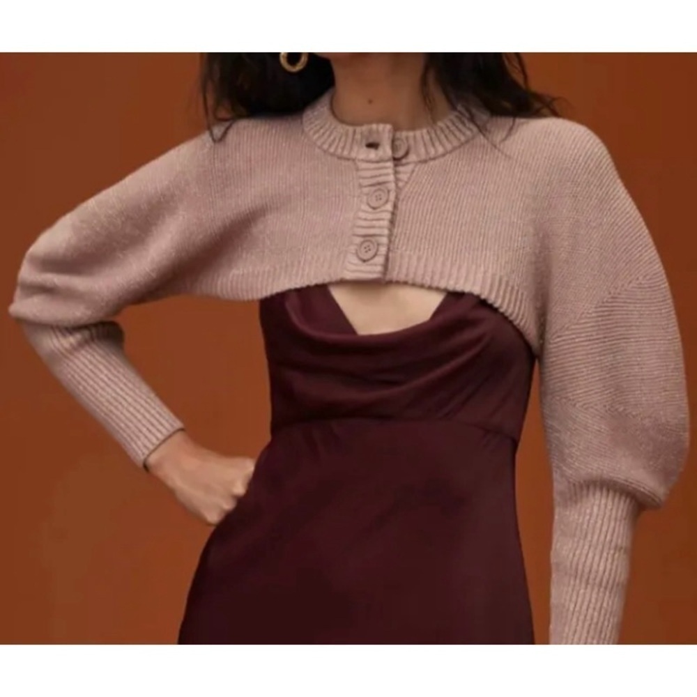 NEW ANTHROPOLOGIE Knit Puff-Sleeved Metallic Woven Shrug
